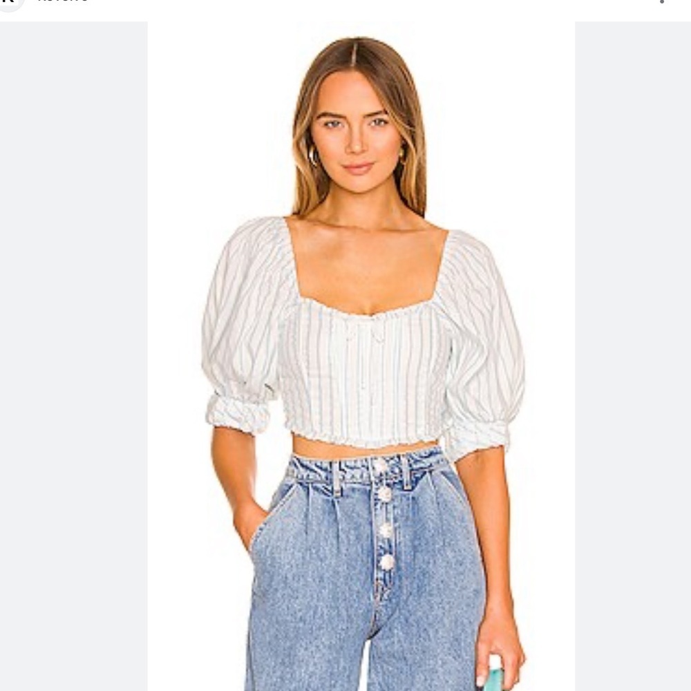 For Love and Lemons Leslie Crop Top puff sleeve striped blue size small NEW